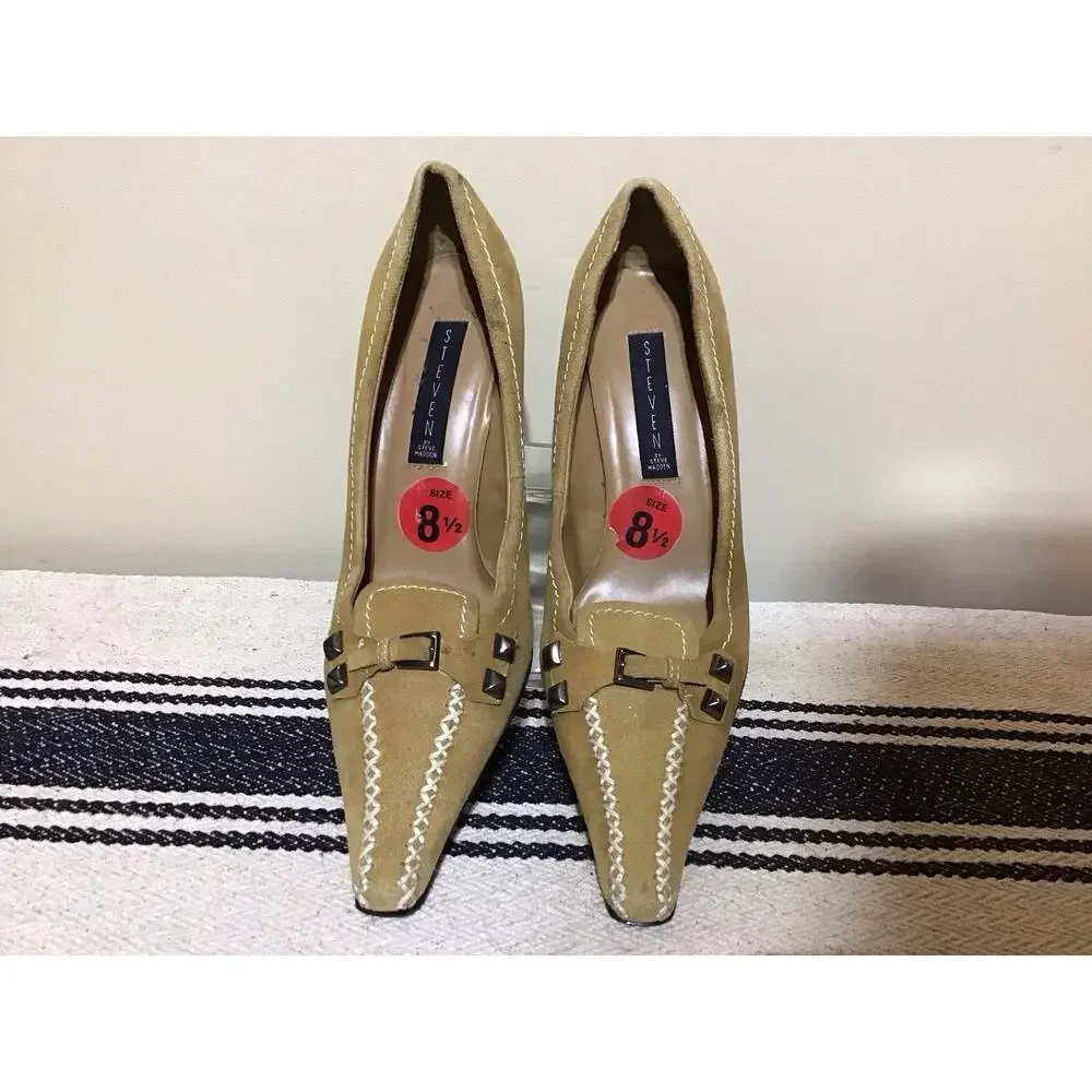 Steve Madden Y2K Women Studs Buckle Leather Pointed Toe Stiletto Pump 8.5 SlipOn